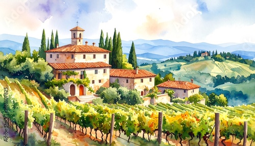 Tuscan vineyard landscape watercolor