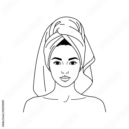 Young woman with towel wrapped around head and clean skin  