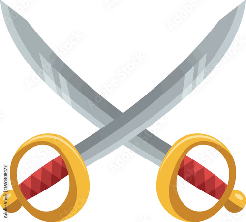 Two crossed pirate cutlass swords with ornate golden hilts and red grips on a white background