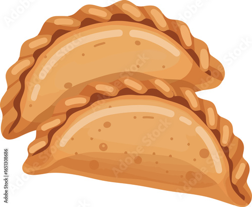 Two delicious golden brown empanadas with crimped edges stacked on a white background a popular savory pastry