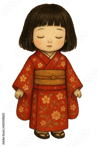 目を閉じた赤い色の着物姿の女の子–日本文化イラスト