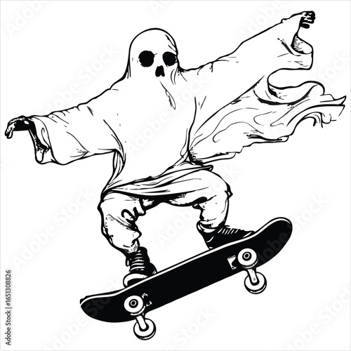 Whimsical Ghostly Skateboarder Artwork Bold Black and White Illustration with a Playful Spirit and Energetic Urban Feel