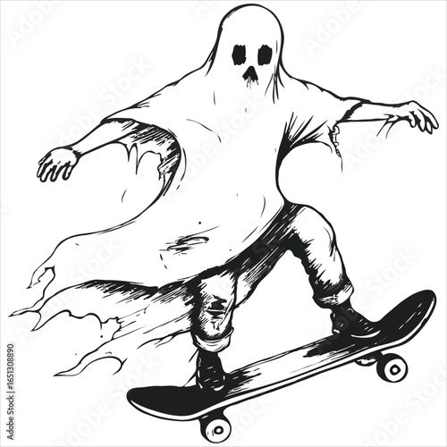 Ghostly Skateboarder Thrashing with Style A Spooky Specter Shredding on Four Wheels in a Halloween Celebration of Skateboarding