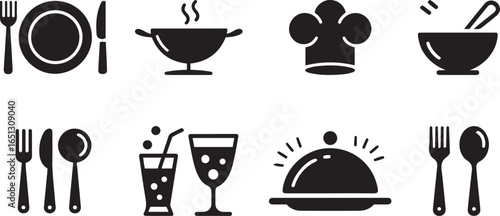 Restaurant menu food icons, black and white glyph style, modern food graphics, catering icons, restaurant signs 