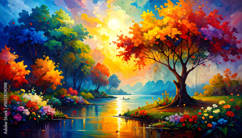 Vibrant Landscape With Colorful Trees River and Bright Sunlight Illuminating the Scene