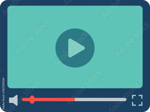Modern flat design video player interface with play button and progress bar on a digital screen