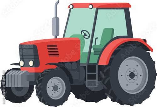 Bright red modern tractor with large tires and a green tinted cabin isolated on a white background