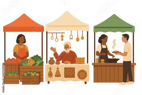 Colorful market scene with vendors selling fresh produce and snacks