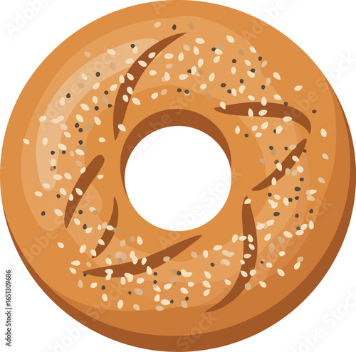 A delicious and freshly baked sesame seed bagel with a golden brown crust and a hole in the center isolated on a white background