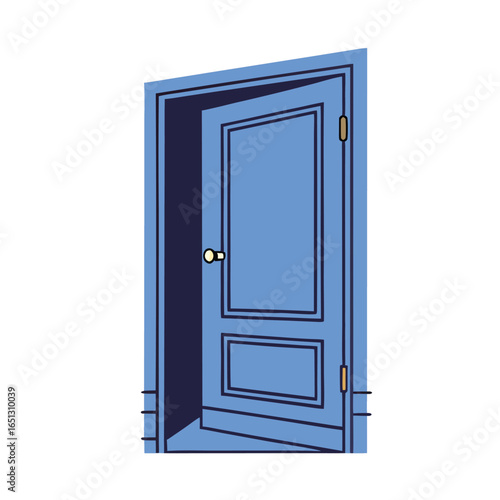 Blue door open with dark frame and gold knob vector