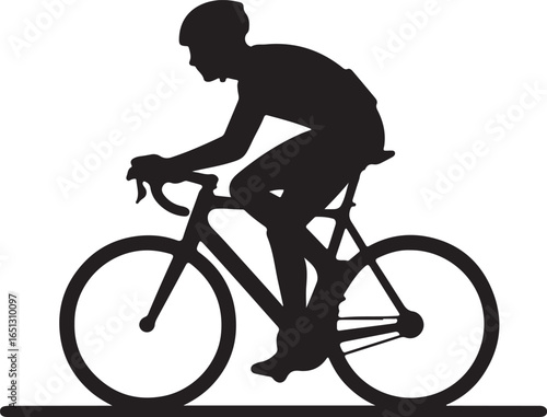 Black silhouette of a cyclist wearing a helmet riding a road bicycle road bike