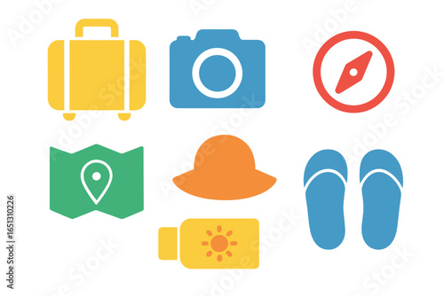 Travel essentials icons for a summer adventure trip