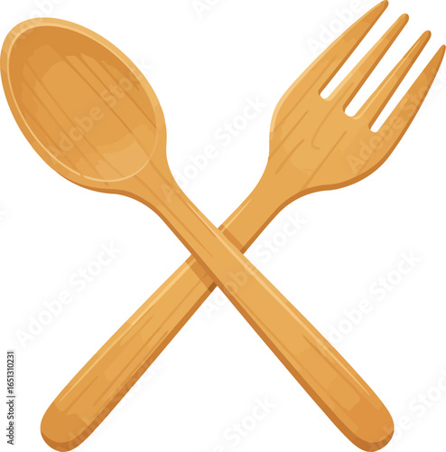 Crossed wooden spoon and fork isolated on a white background representing eco friendly dining and sustainable cutlery options