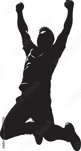 Black silhouette of a man jumping with arms raised in celebration victory