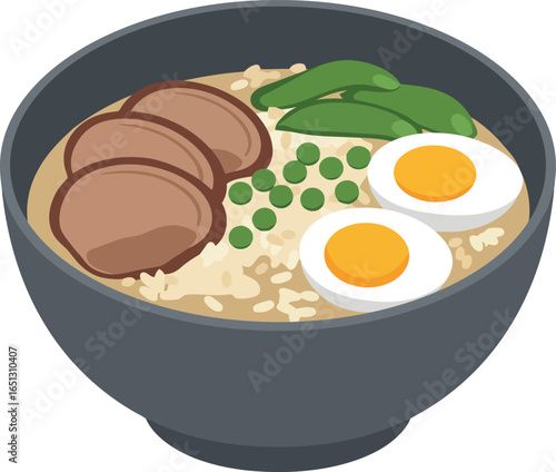 Delicious bowl of traditional japanese ramen with pork slices soft boiled eggs and green vegetables on a white background
