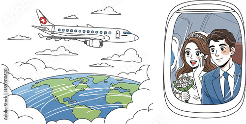 Wedding trip with bride and groom on airplane over the world