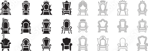 Collection of throne and royal chair icons, black and line art styles vector