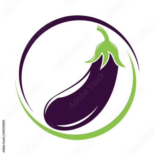 Purple eggplant with green stem and leaves inside a circular swoosh design aubergine vegetable