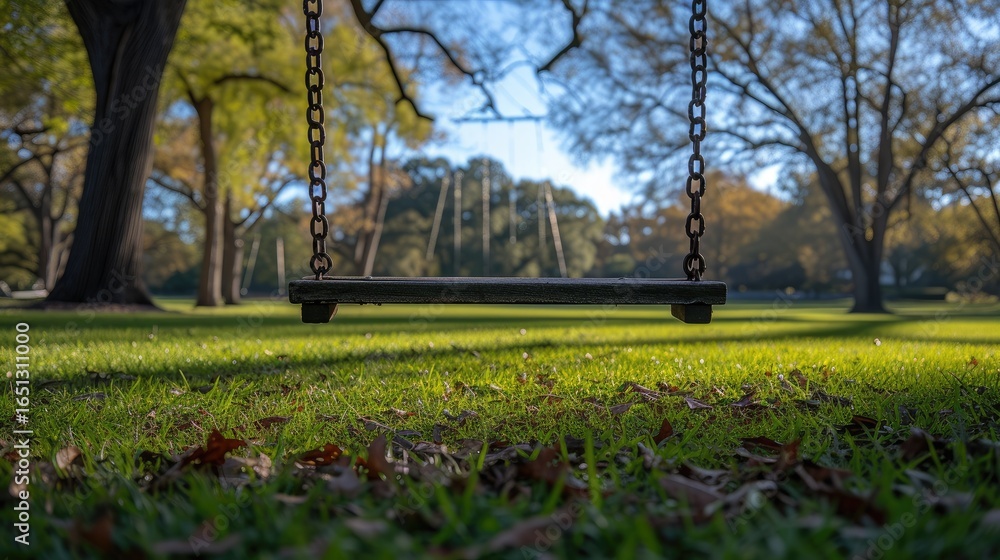 Obraz premium Empty swing in a tranquil park setting.