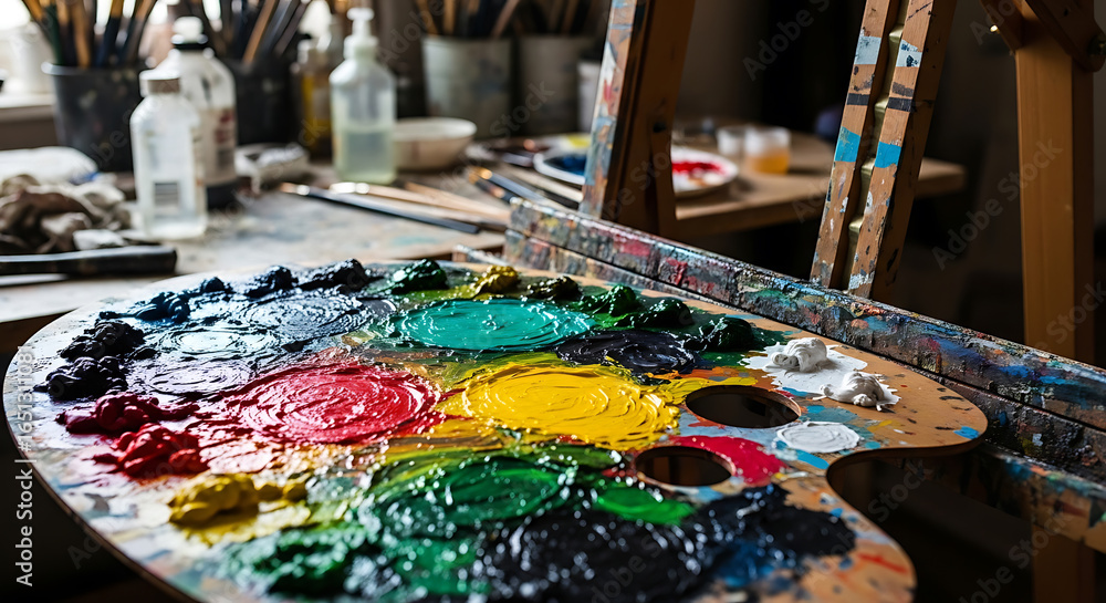 Palette of vibrant oil colors and artistic tools, representing the artistic expression process and Palette of vibrant oil colors and artistic tools, representing the artistic expression process and