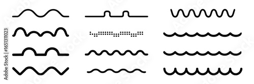 Twelve Simple Waveform Icons:  A Collection of Sine, Square, Triangle, and Dotted Waveforms