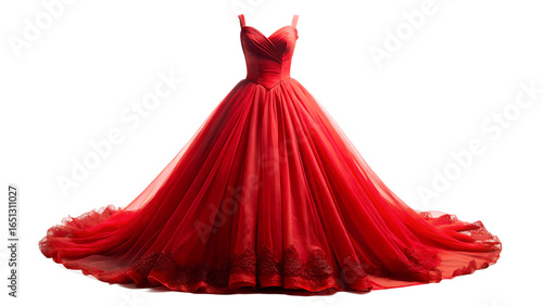 Elegant red wedding gown isolated on transparent background, perfect for a bride on her special day with romantic style