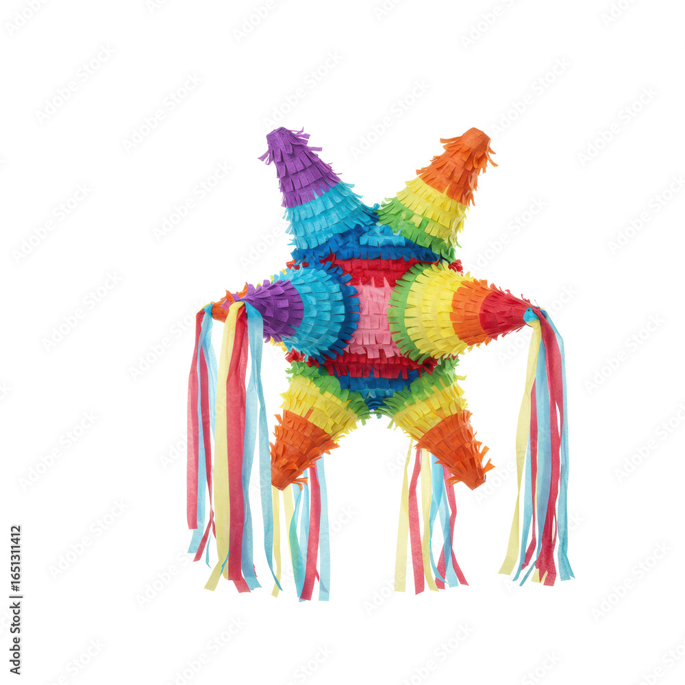 Obraz premium A traditional seven-pointed star piñata of paper-mâché with vibrant fringed tissue paper in a rainbow of colors and cascading streamers, isolated on a stark white studio background with even