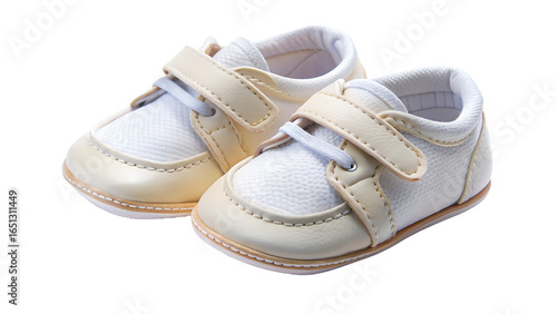 Closeup of a pair of beige and white leather baby shoes isolated on transparent background, perfect for new parents