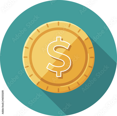 A golden dollar coin with a prominent dollar sign symbol on a teal background with a long shadow