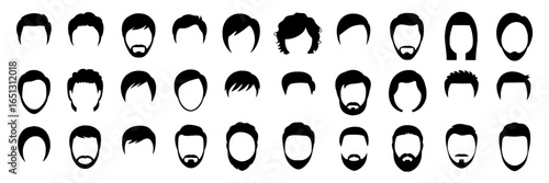 30 Simple Black Silhouettes of Men's Hairstyles and Beards: Icon Set for Avatar Creation
