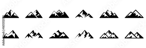 Twelve Mountain Peak Icons: A Set of Varied Black Mountain Range Illustrations