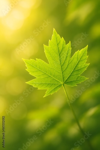 Vibrant green maple leaf illuminated by golden sunlight in a lush forest