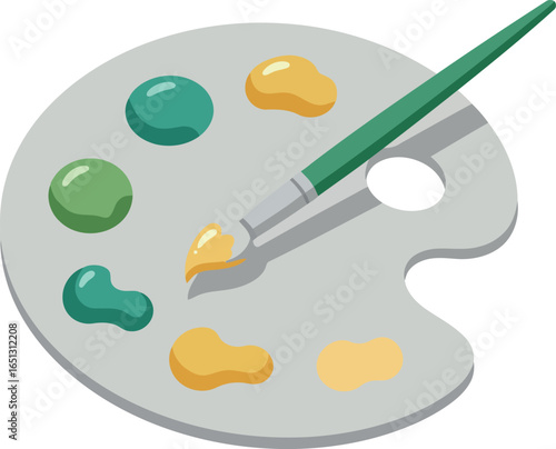 Artist s wooden palette with colorful blobs of oil or acrylic paint and a green handled paintbrush ready for creative work