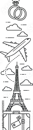 Honeymoon Trip with Eiffel Tower, Airplane, Rings on White Background