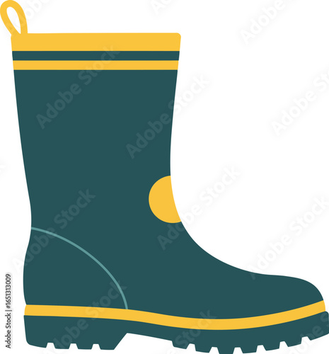 A single dark teal rubber boot with yellow accents and a circular emblem on the side isolated on a white background