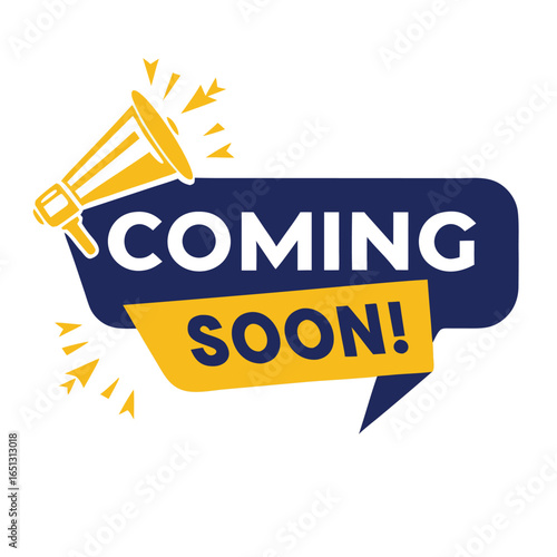 Megaphone announcing coming soon with yellow bursts announcement text