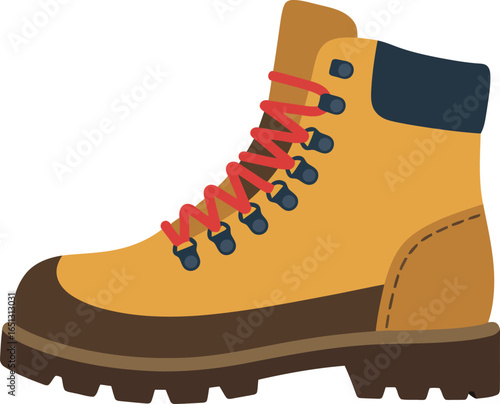 A sturdy tan leather hiking boot with bright red laces and a thick lugged sole isolated on a white background