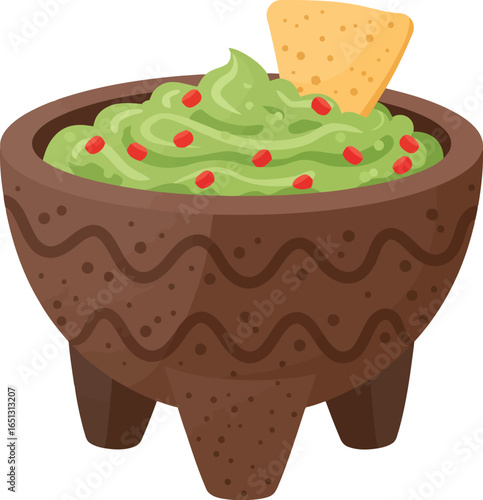 Delicious homemade guacamole in a rustic clay molcajete with a tortilla chip and red pepper garnish