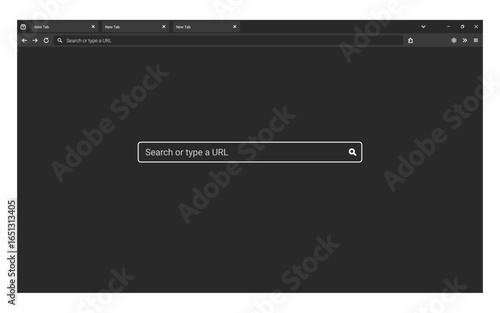 Web browser mockup in dark mode. Blank internet page with a search bar on a black background.