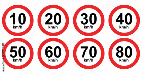 Speed limit road sign icon set, from 10 to 80 km/h. Traffic regulation symbols.
