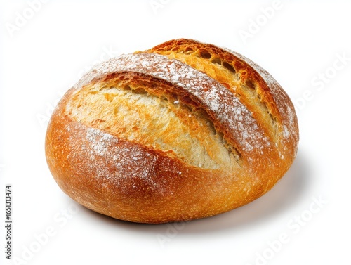 Crusty round loaf of bread isolated on white background