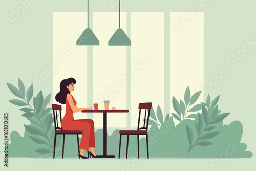 Lonely woman sitting alone in a cafe with indoor plants and a minimalist design