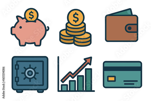 Financial icons depicting saving, investing, and spending money