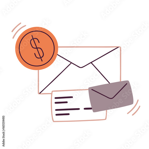 Orange coin with dollar sign and envelopes money finance