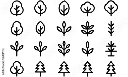 Set of 20 minimalist tree icons including pine, leafy, stylized, multi-trunk, and nature-inspired designs in simple black line art