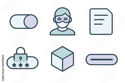 Security icons featuring lock, mask, document, and cube design