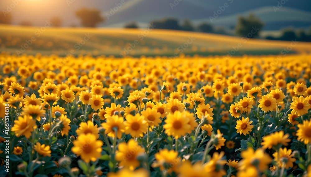 Fototapeta premium A field of bright yellow wildflowers, suggesting a vibrant springtime.