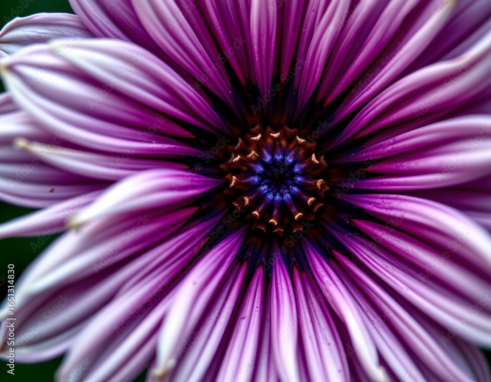 Obraz premium A close up view of a vibrant flower with numerous purple petals arranged in concentric circles around a bright blue center