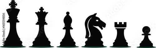 Chess pieces silhouette, king, queen, bishop, knight, rook, pawn, strategy game, black and white, isolated, vector illustration