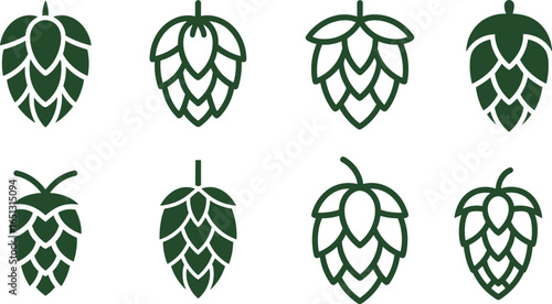 Hop cone illustrations, brewing ingredient, green botanical, beer design, stylized hops, craft beer art, herbal vector, fermentation symbol, organic plant, brewing graphic
